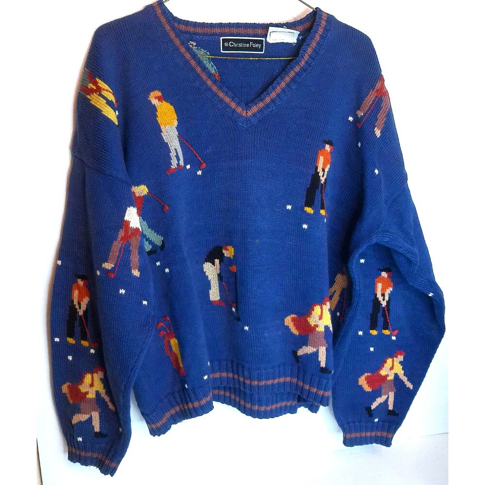 Vintage Christine Foley Golf Sweater Navy Cotton Novelty Size Medium